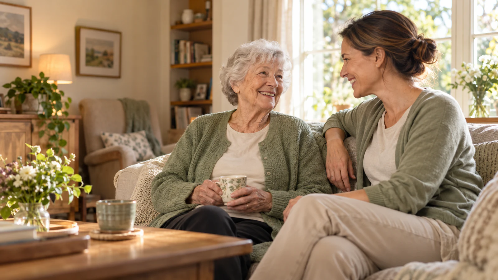 A warm moment between a caregiver and an older adult in a comfortable, sunlit home
