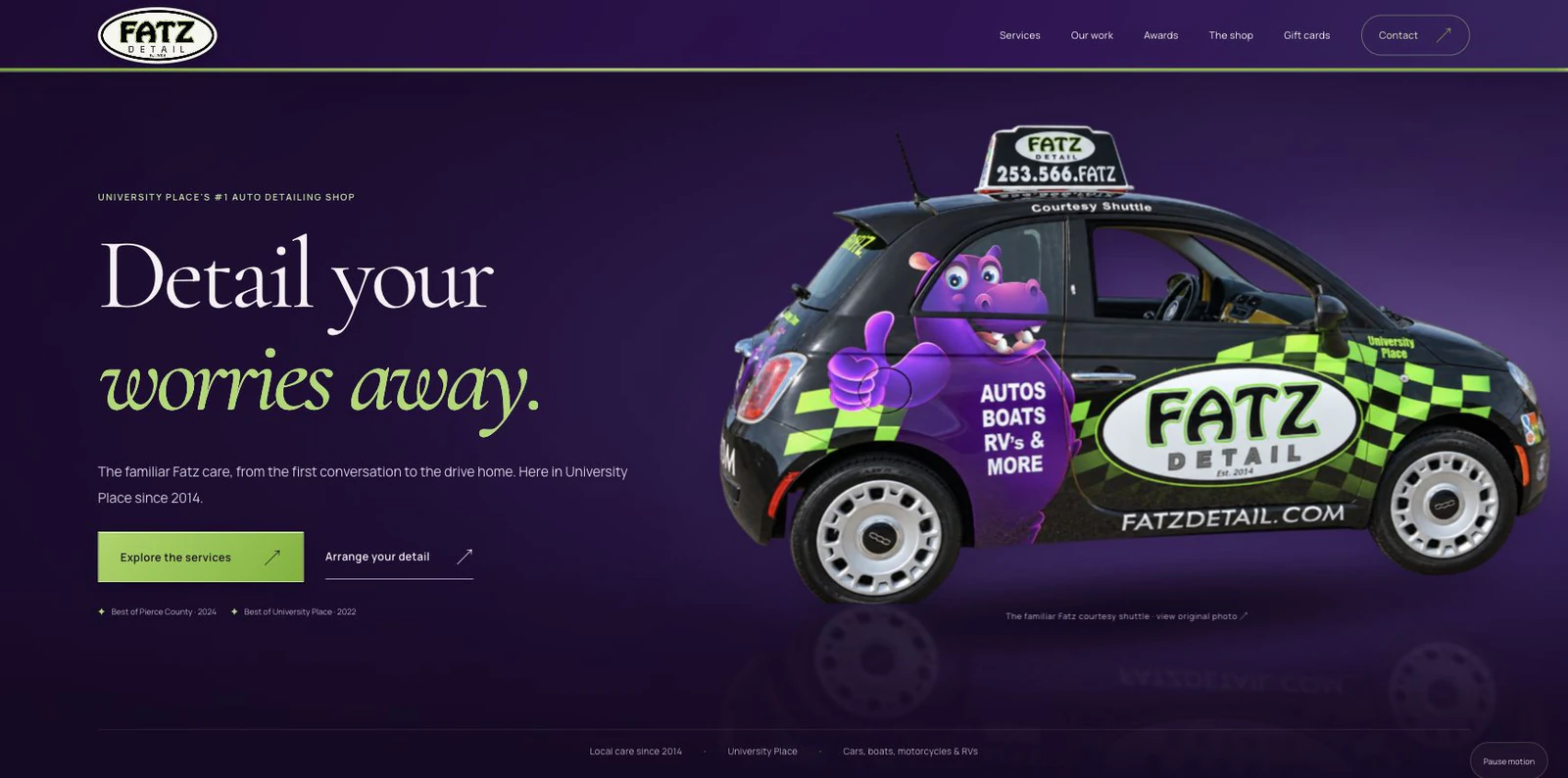 Umanifest's Fatz Detail redesign preview, with a purple background, green service button, and branded courtesy shuttle.