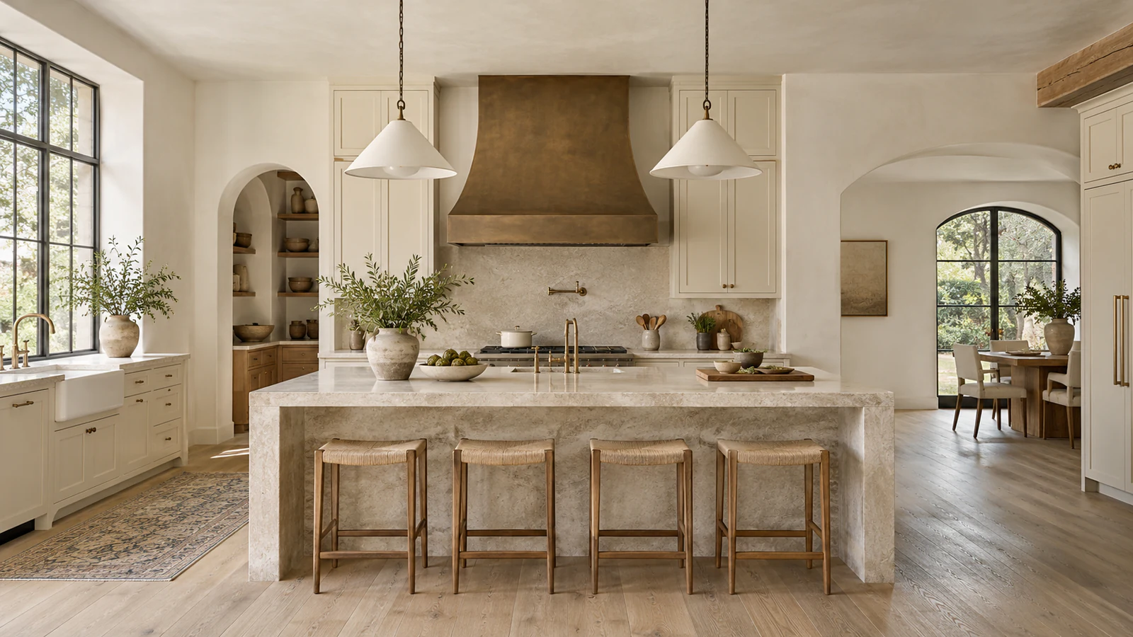 Original visualization of a light-filled kitchen with cream cabinetry and oak details
