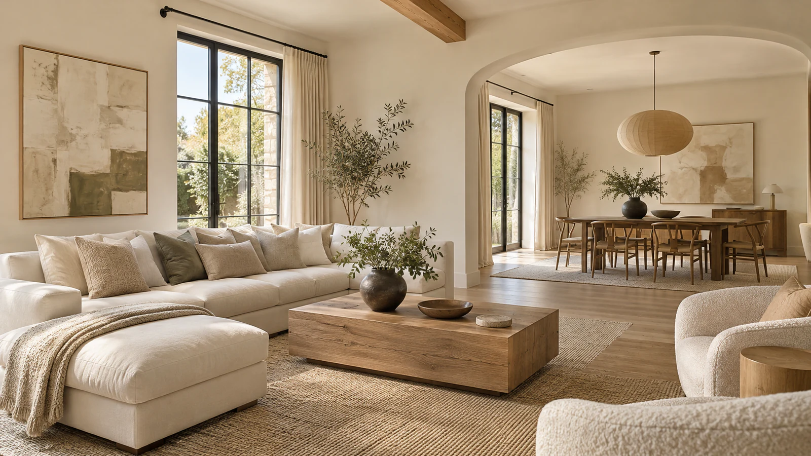 Original visualization of a warm ivory living room connected to an oak dining area
