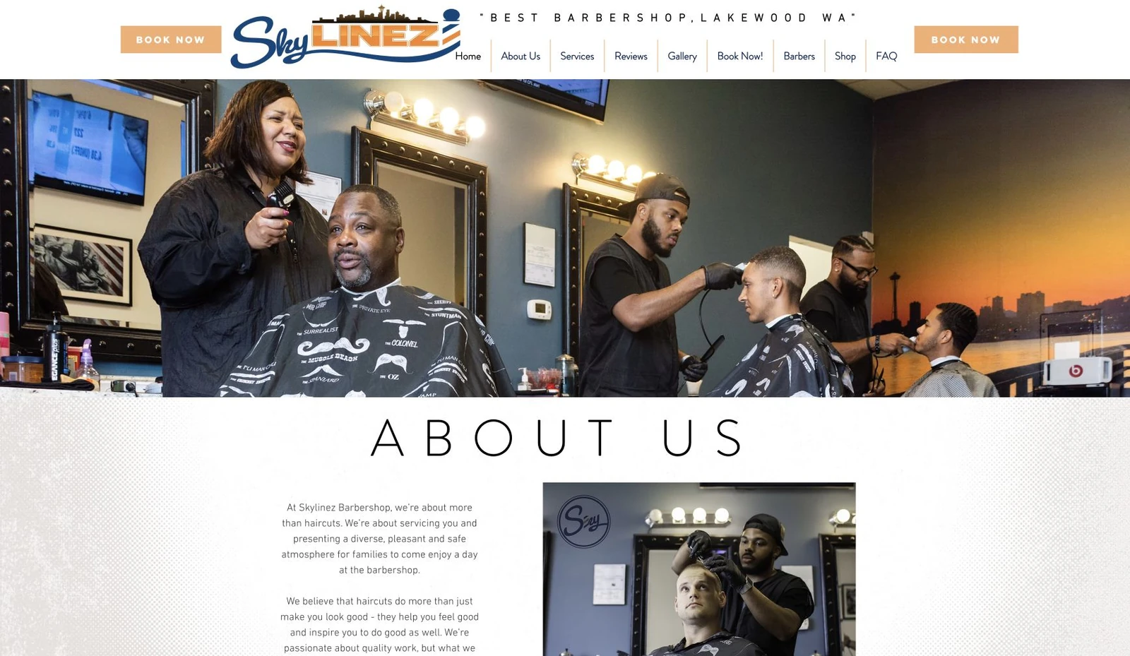 Skylinez Barbershop homepage with a blue and gold logo, a wide barbershop photograph, and an About Us section