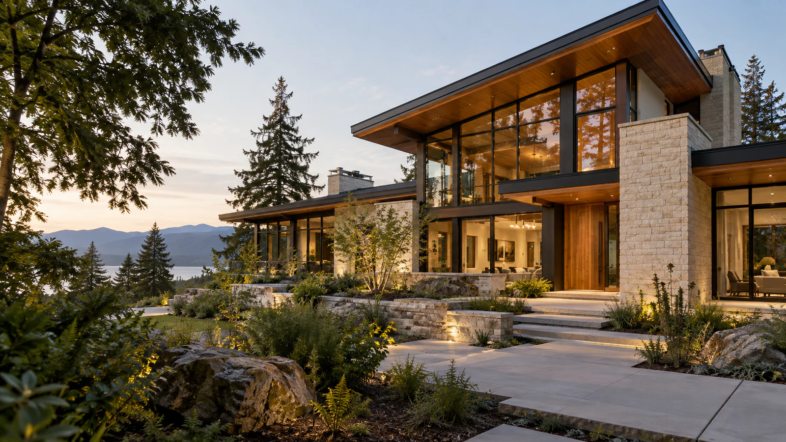 Illustrative evening view of a limestone, cedar, and glass home in a wooded landscape